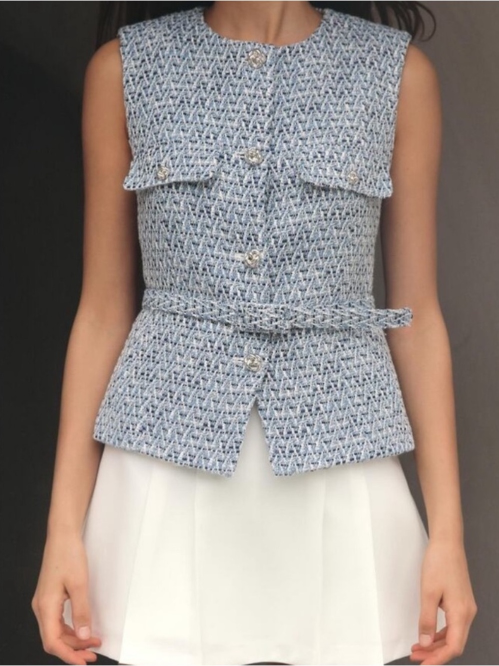 Zara Blue & White Textured Tweed Belted Vests